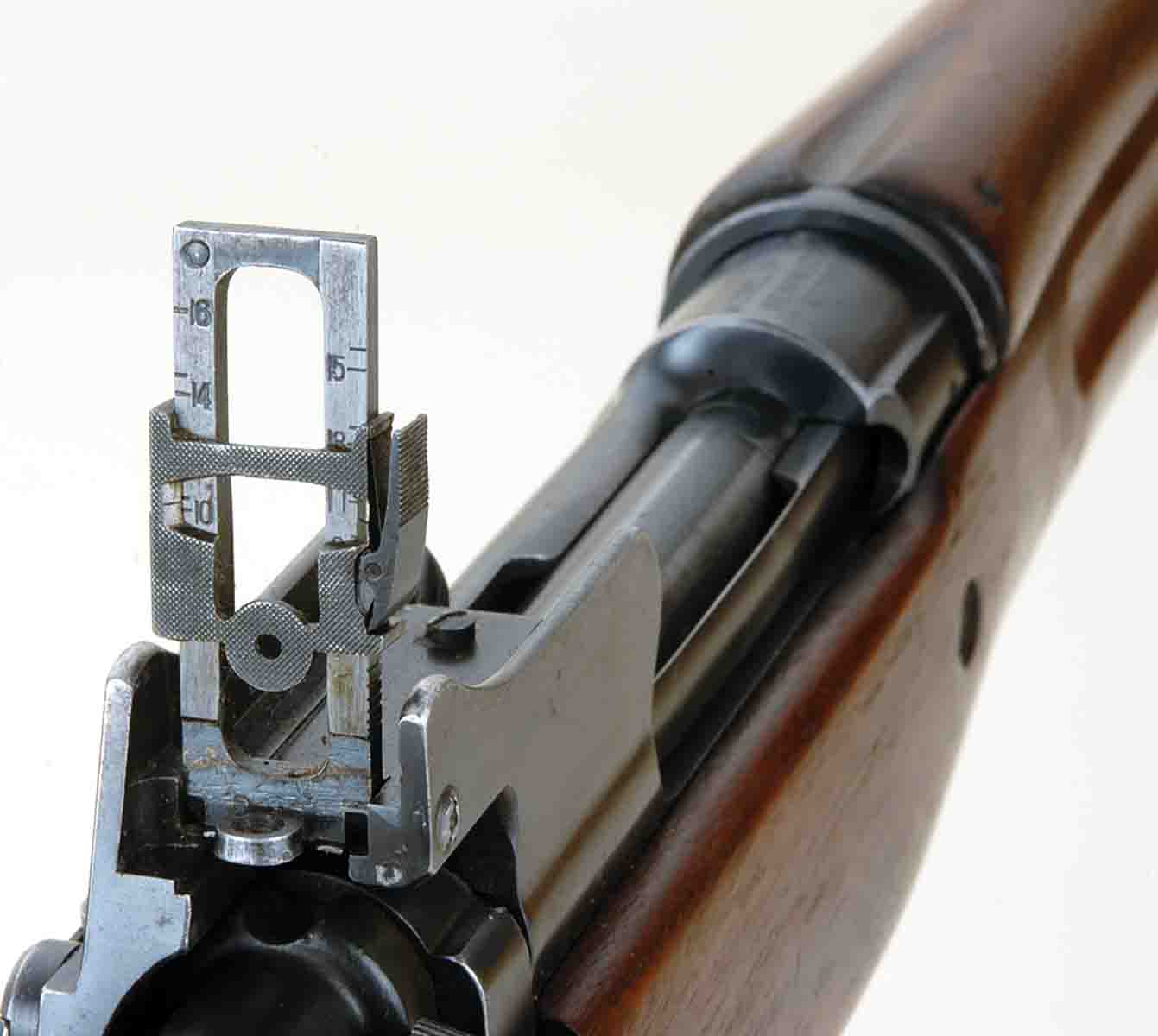 This double aperture rear sight is on a U.S. Model 1917. In essence, it is the same style sight the British later utilized on the No. 4 Mk I.
